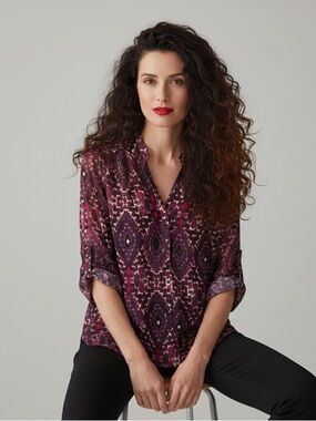 Brody Myles Abstract Ikat Popover Blouse Top Purple Size L Tab Sleeve